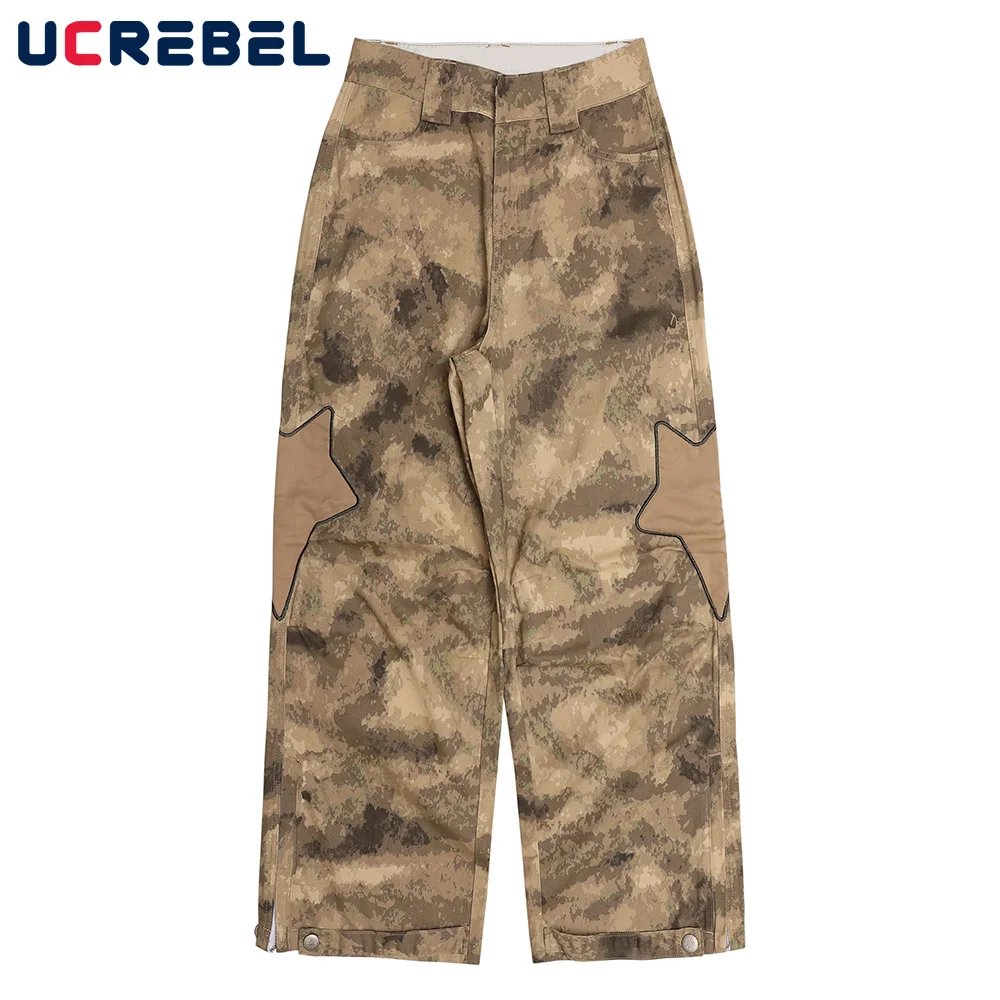 

Camouflage Casual Pants Mens Safari Style Five-pointed Star Embroidery Zippered Hem Vent Wide Leg Pants Loose Straight-leg Pants
