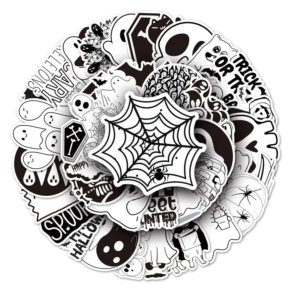 

Черно-белые наклейки на Хэллоуин, граффити для ноутбука, багажа, скейтборда, водонепроницаемые наклейки, Мультяшные игрушки, 10/50 шт.