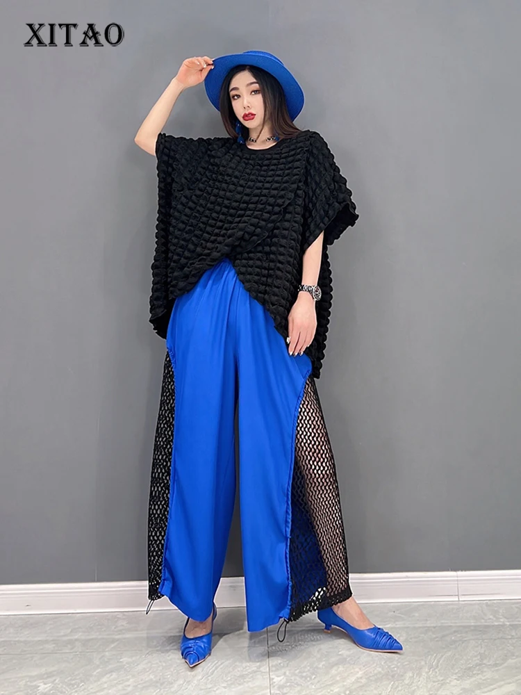 

XITAO Two Piece Set Women Solid Color Pullover Top Mesh Patchwork Small Fresh Elastic Waist Pocket Minority Style WLD7377