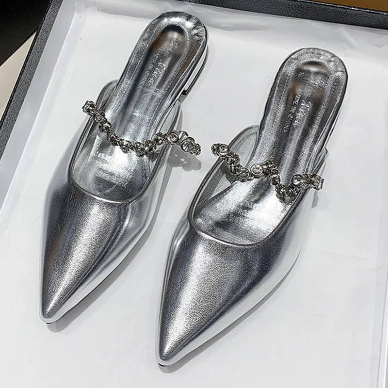 

Мюли с острым носком, туфли-лодочки с ремешком на пятке, лето 2023, новинка, низкий каблук, сланцы, модная женская обувь, сандалии, шлепанцы