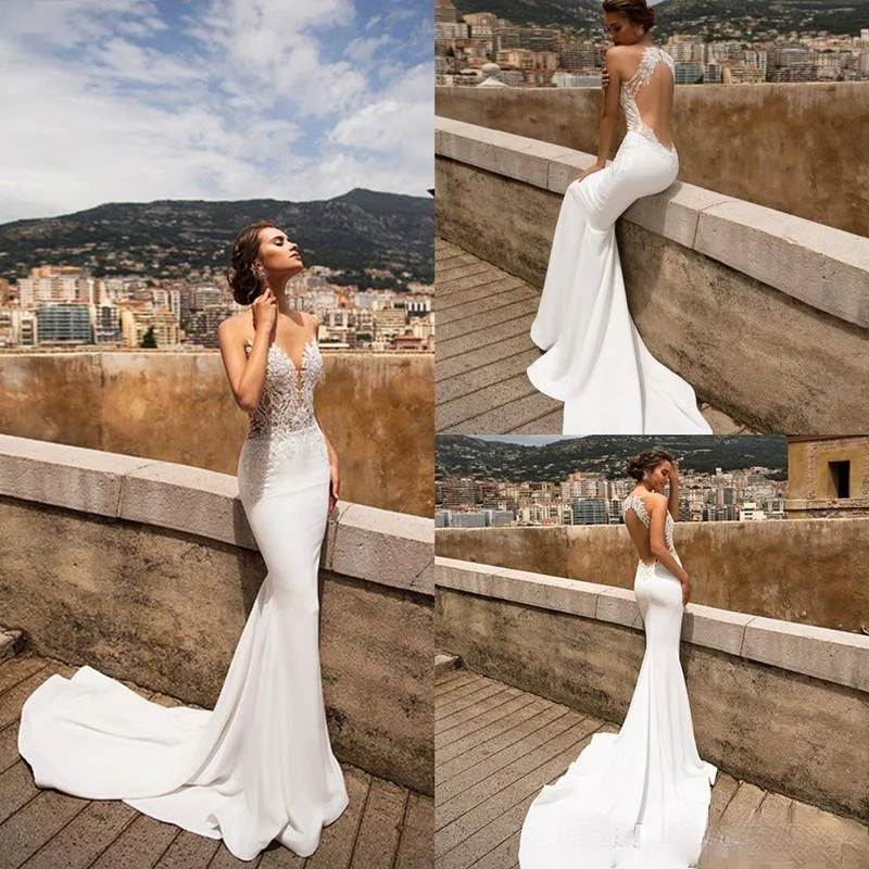 

Sexy Berta Mermaid Wedding Dresses Sheer V Neck Lace Appliqued Bridal Gowns Sweep Train Backless Beach Wedding Dress