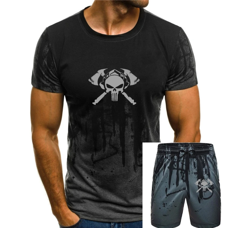 

Short Sleeve Hip Hop Tee T Shirt Fire Department Punisher Skull Shield Helmet With Crossed Axes T Shirt