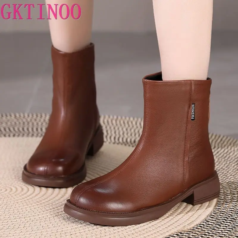 GKTINOO Women Booties 100%Genuine Leather Short Boots Female Shoes Retro Back Zipper Square Heels Plus Size Boots Women Handmade