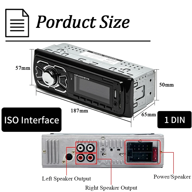 SINOVCLE Car Radio 1din Stereo Receiver Bluetooth Audio MP3 Player FM 12V ISO Port Remote Control AUX/USB/SD Card In Dash Kit |