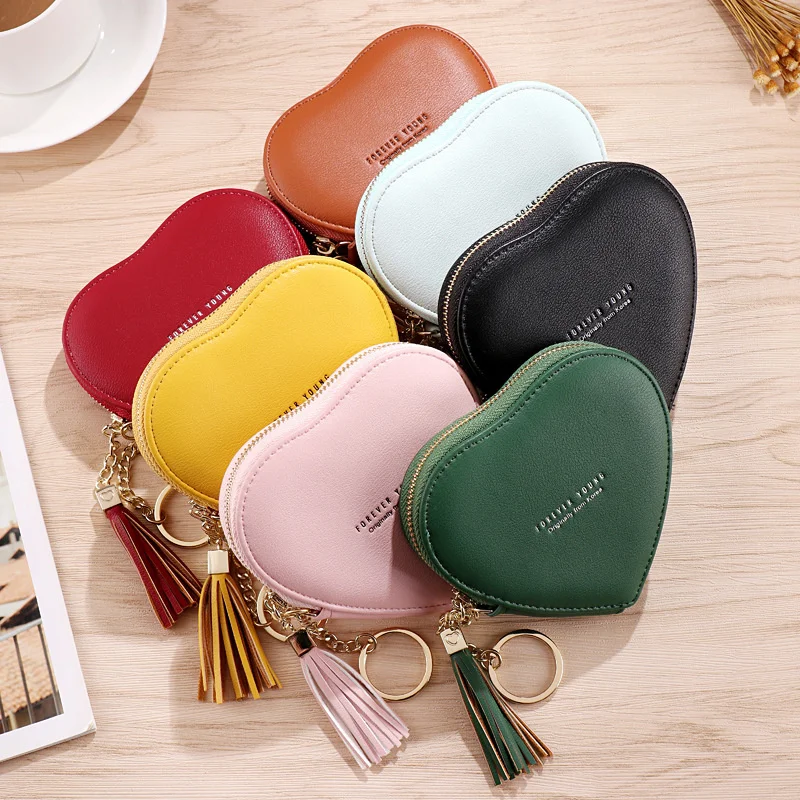 

Fashion Heart Shape Women's Wallets PU Leather Tassels Zipper Mini Clutch Key Ring Coin Money Bag Girls Cute Small Purse