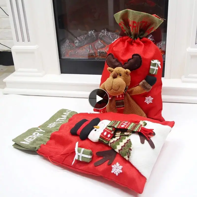 

Christmas Doll Linen Gift Bag Three-dimensional Old Man Snowman Elk Backpack Xmas Tree Pendant Kids Gift TSLM1
