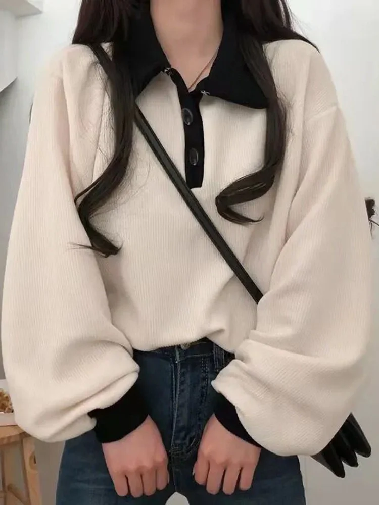 

Vintage Lantern Sleeve Women Sweatshirts Korean Loose Casual Streetwear T Shirts Simple Buttons Patchwork Female Autumn Top