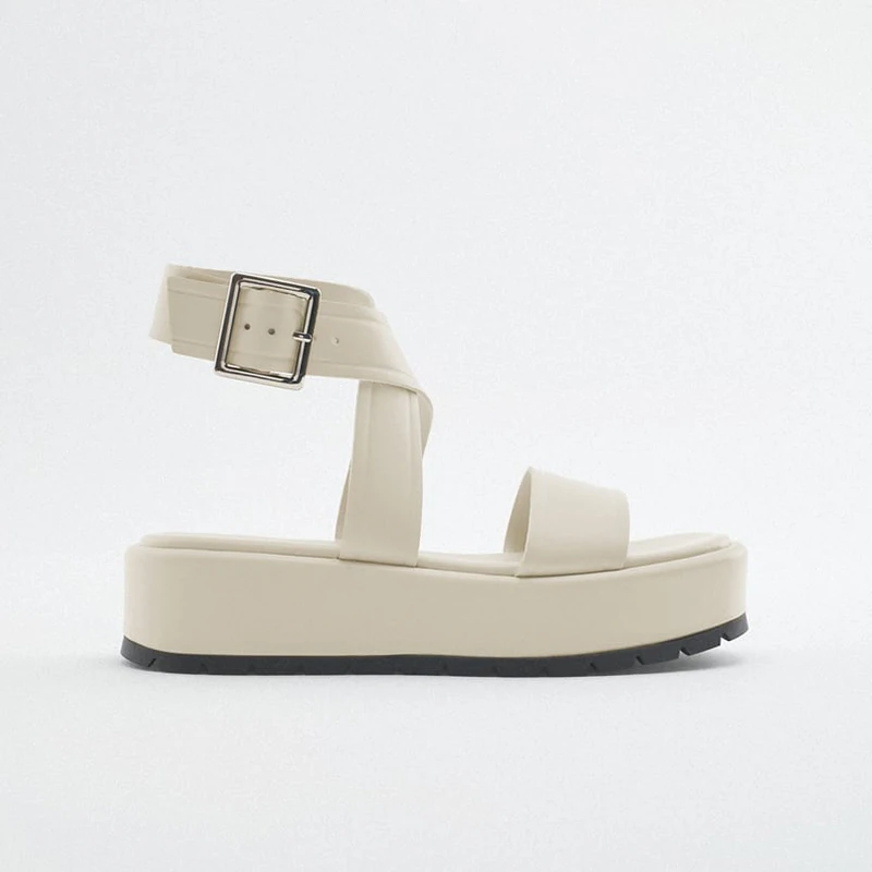 

ZA Summer New Women's Shoes Cow Leather Buckle Flat Platform Sandals Increased Thick Bottom One Word Belt Sandals