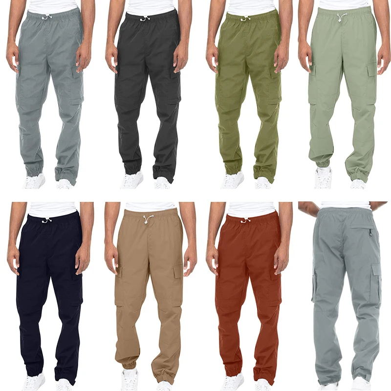 

European American Men's Overalls Long Pants Pocket Drawcord Elastic Waist Solid Color Comfortable Breathable Fashion Casual Pant