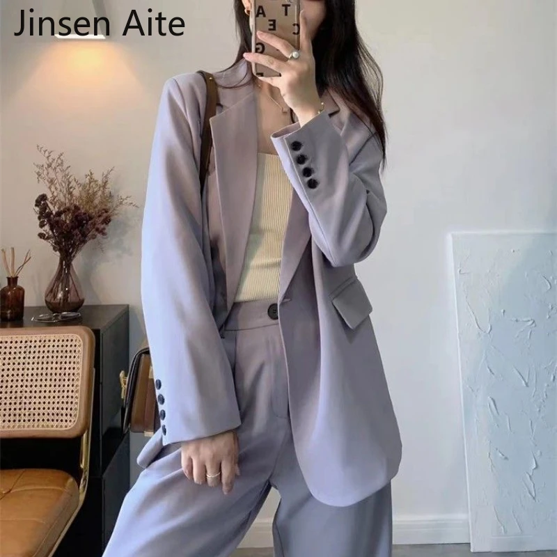 Jinsen Aite Women's Trousers Suit Casual Long Sleeve Jacket High Waist Pant Female 2 Pieces Blazer Set Ladies  Elegant Pant Suit
