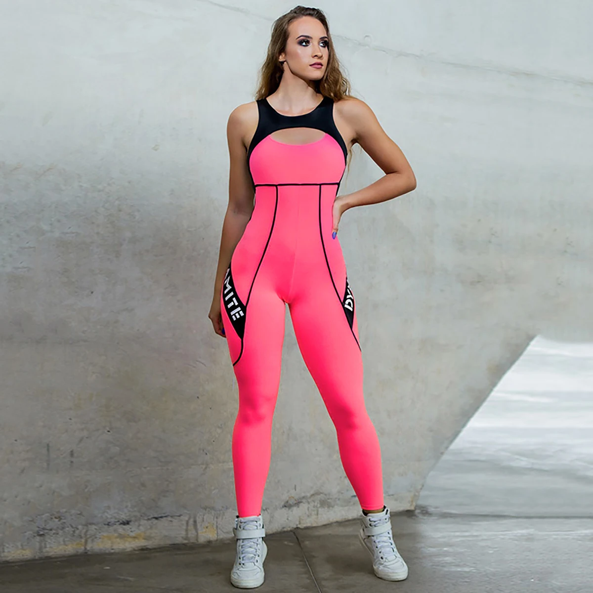 

Oshoplive Female Backless Sexy Pink Jumpsuits Fashion Letter Print Split-Joint Sleeveless Hollowed Sports Jumpsuits For Women