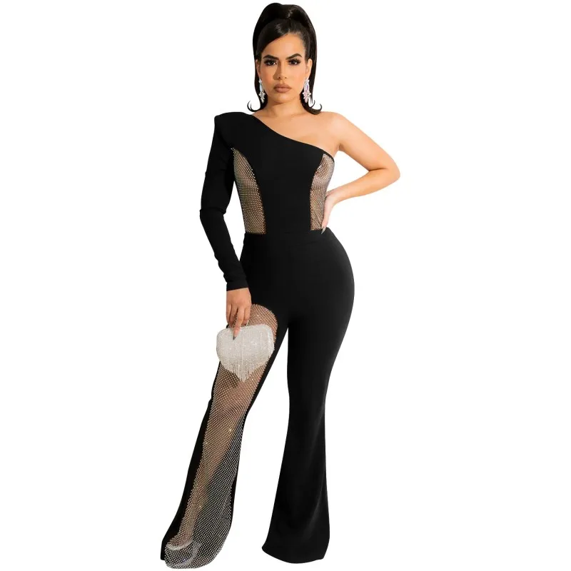 

Расклешенные брюки, блестящий сетчатый прозрачный комбинезон, новинка 2022, модный пикантный комбинезон в уличном стиле, комбинезоны в стиле ...