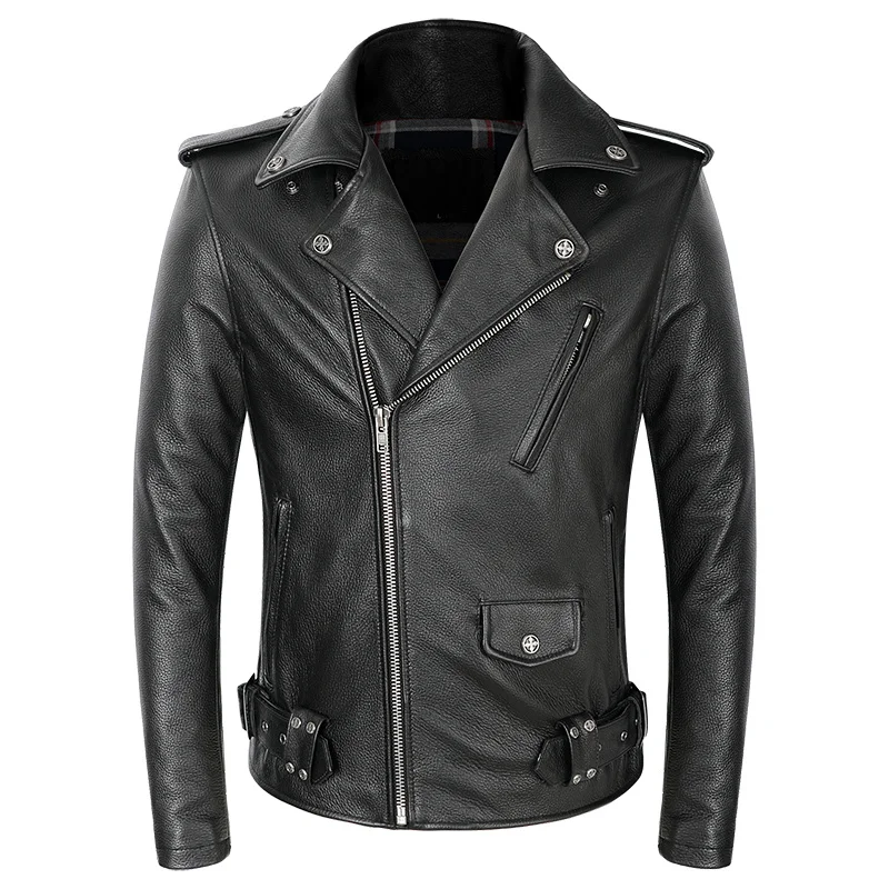 

Мужская мотоциклетная кожаная куртка, черная приталенная байкерская куртка из натуральной воловьей кожи на Косой молнии в американском стиле, весна 2023