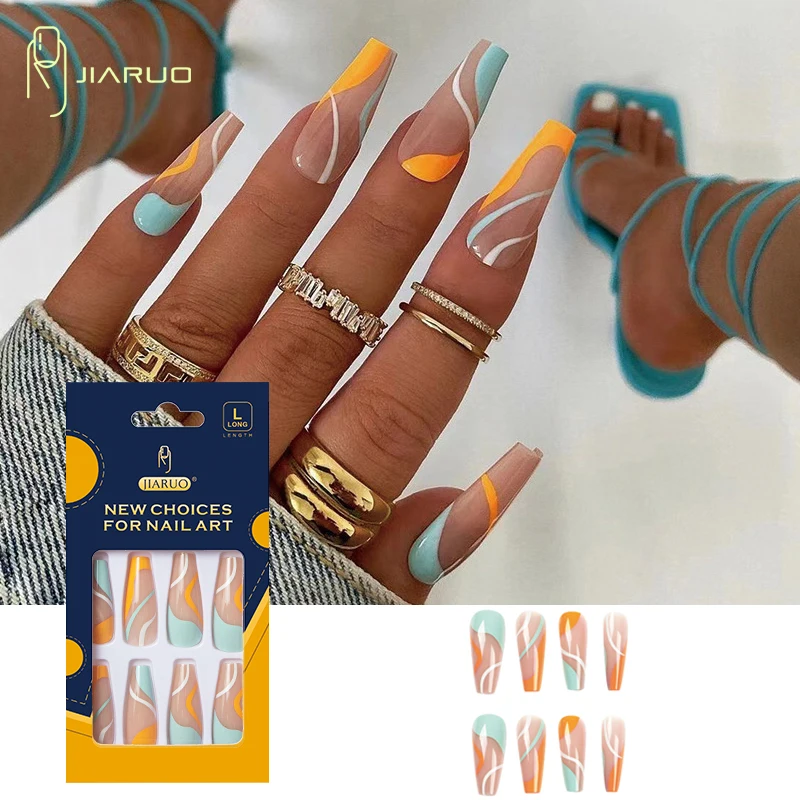 

JIARUO 24PCS/BOX Long Press on Nails Coffin Fake Nail Y2k Yellow, Blue and White Color Lines Ballet Full Coverage Nail Stickers