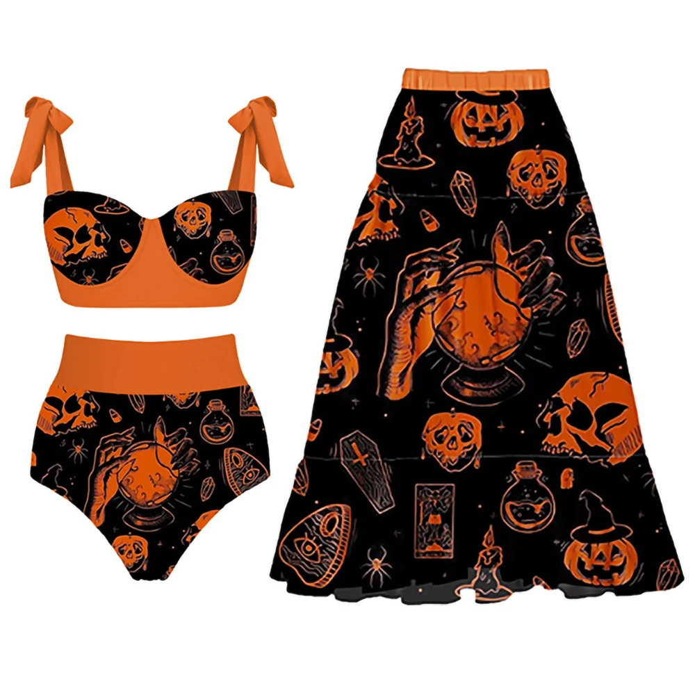 

Halloween Print Backless Bikini Trend Slim Swimwear Fashion Funny High Waist Split Push Up Swimwear Beach Skirt 2022 Women