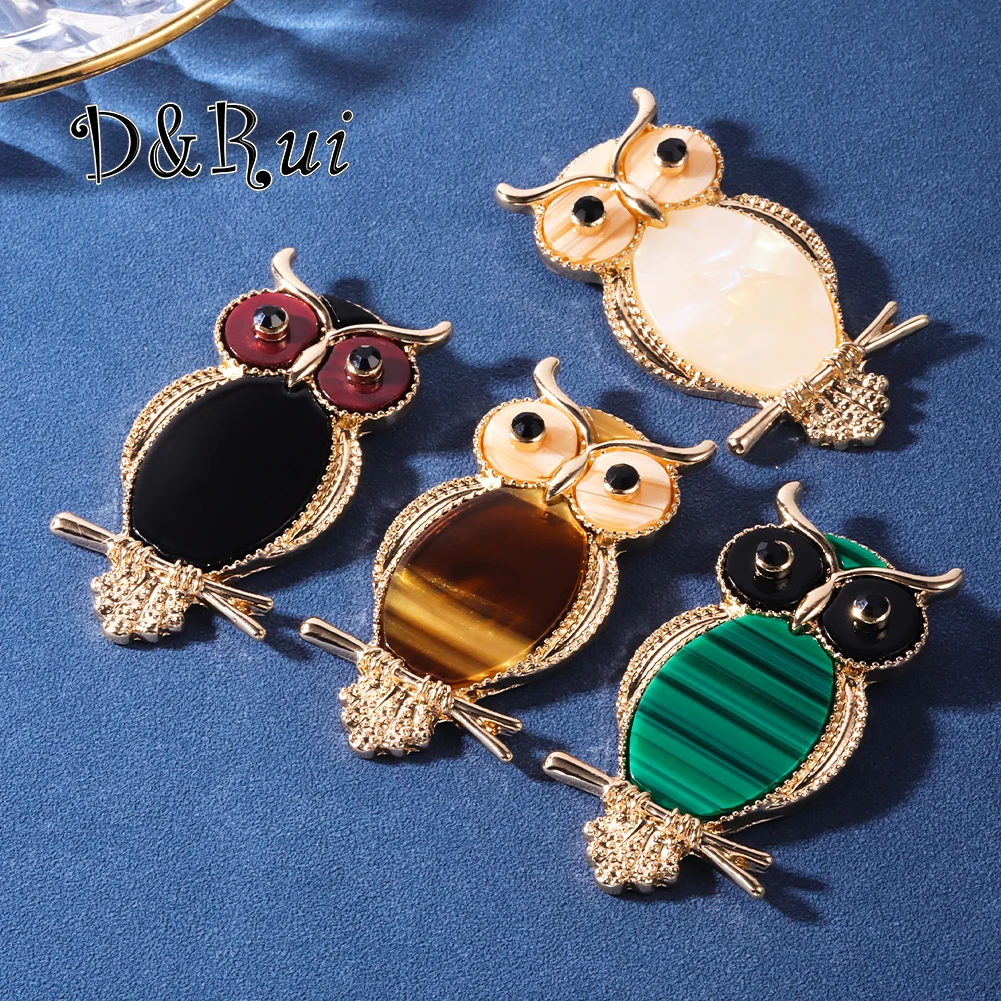 

D&Rui Cute Female Gold Plated Owl Brooch Acrylic Inlaid Alloy Bird Pins For Women Men Coat Package Accessories Party Gift Pin