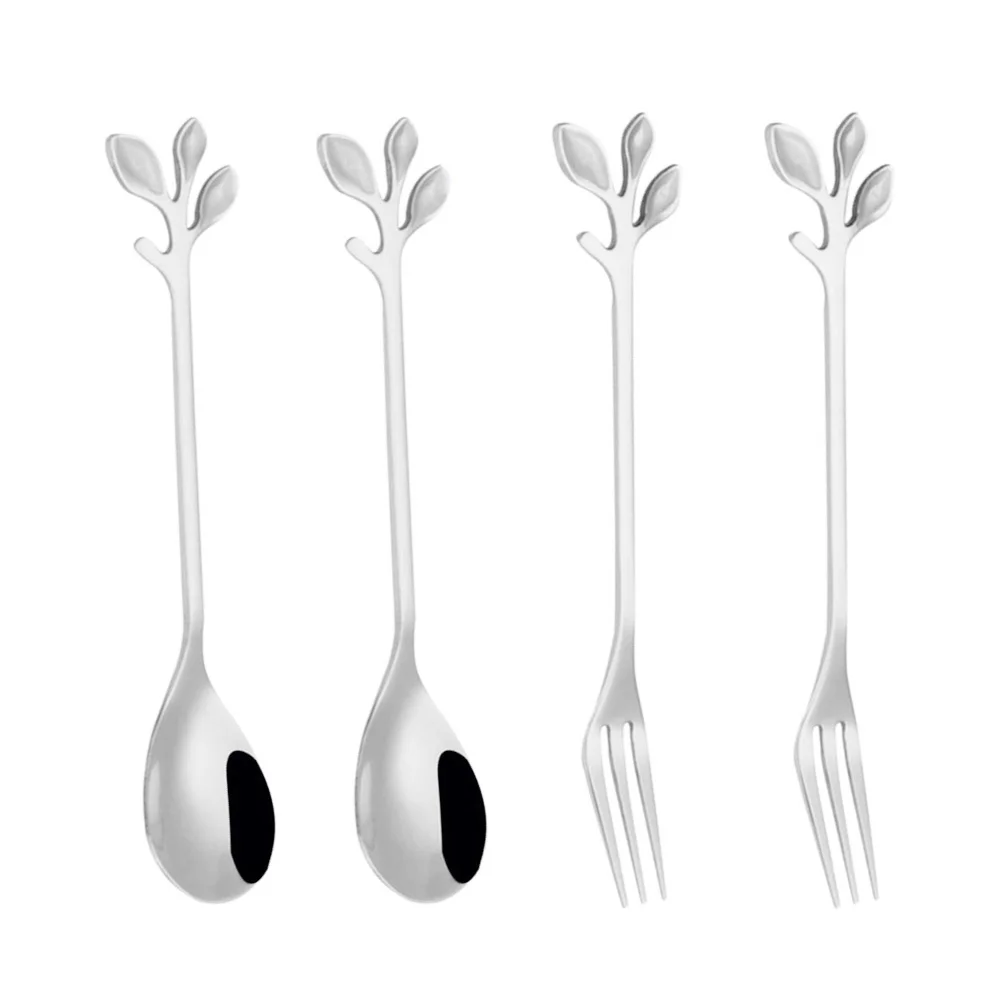 

Leaf Shape Spoon, 4pcs Stainless Steel Scoop Long Handle Spoons with 2 Spoons and 2 Forks, Silver
