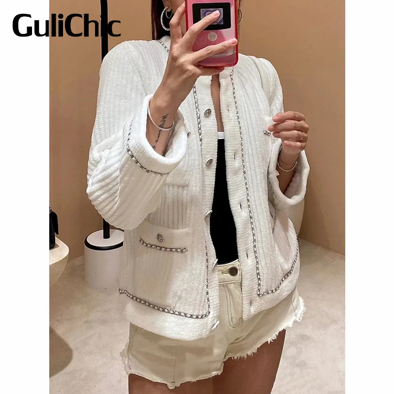 

12.12 GuliChic Women Fashion Round Neck Long Sleeve Chain Pocket Single Breasted Knitted Cardigan Sweater