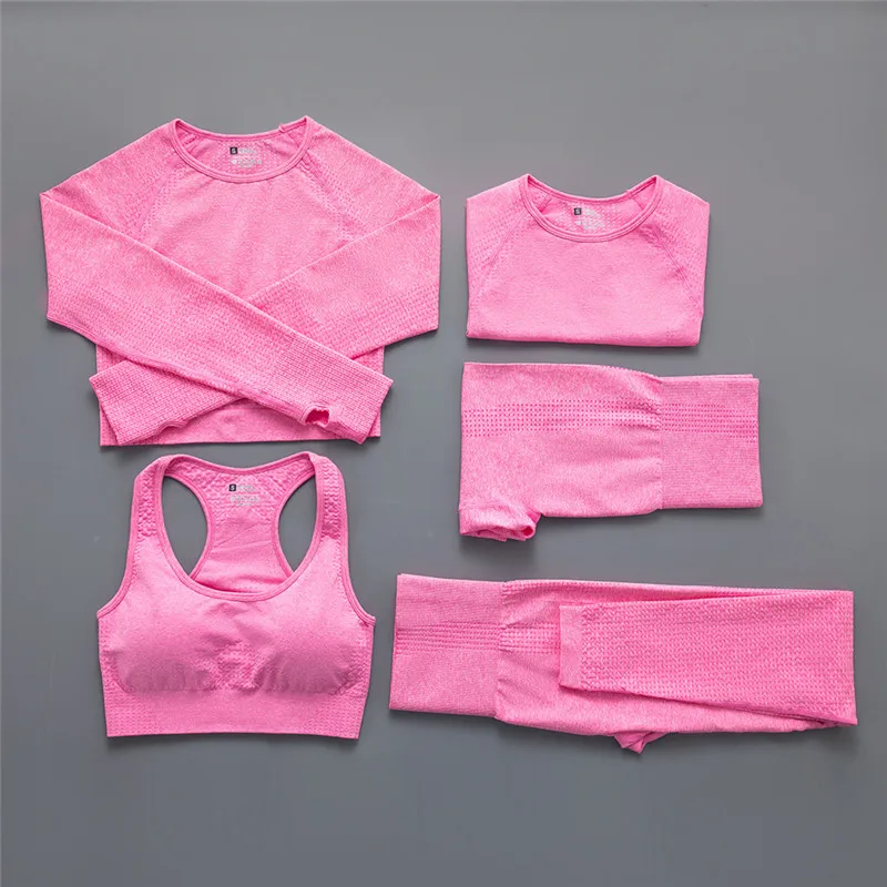 

5Pcs/Set Women Seamless Yoga Set Workout Sportswear Gym Clothing Fitness Crop Top High Waist Leggings Sports Suits New Color