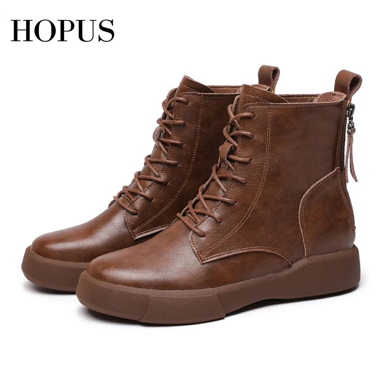 

HOPUS Boots Women 2022 New High Quality British Style Fashion Genuine Leather Boots Short Comfortable Women's Shoes Plush Flats