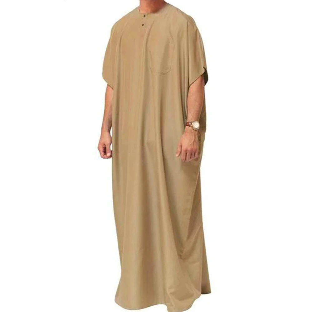 Middle East Ethnic Costume Muslim Robe Solid Color Men Gentleman Simple Arabic Islamic Casual Party Loose Cotton Robe