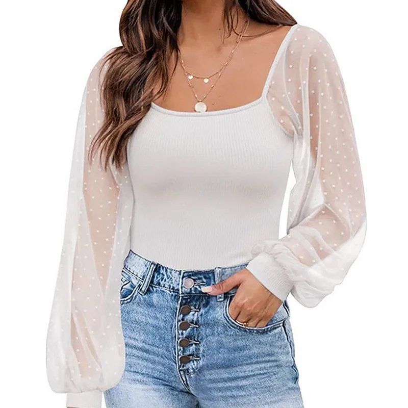 

Женская футболка, Просвечивающая одежда, сезон весна-осень 2022, модные однотонные топы с принтом в горошек, с U-образным вырезом и длинным рук...