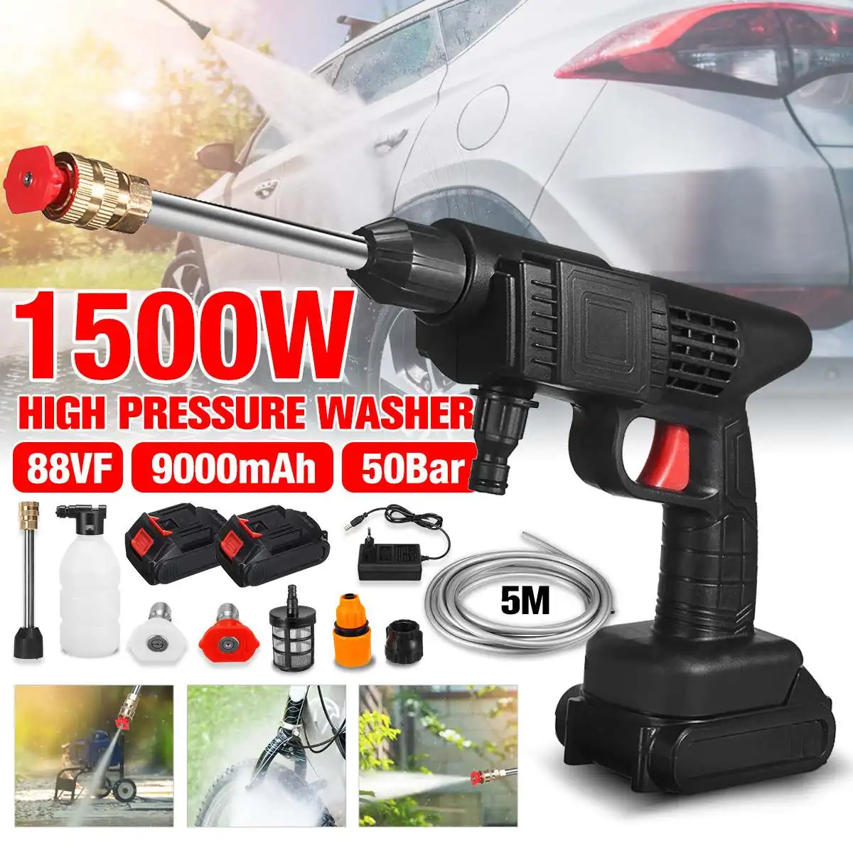 

Cordless High Pressure Car Washer 50Bar 1500W Rechargeable Car Wash Gun Electric Water Gun Foam Machine for Makit 18V Battery