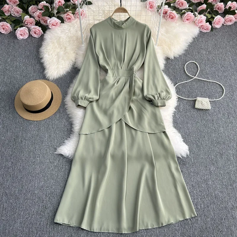 Весенне-осеннее винтажное элегантное однотонное платье с длинным рукавом и
