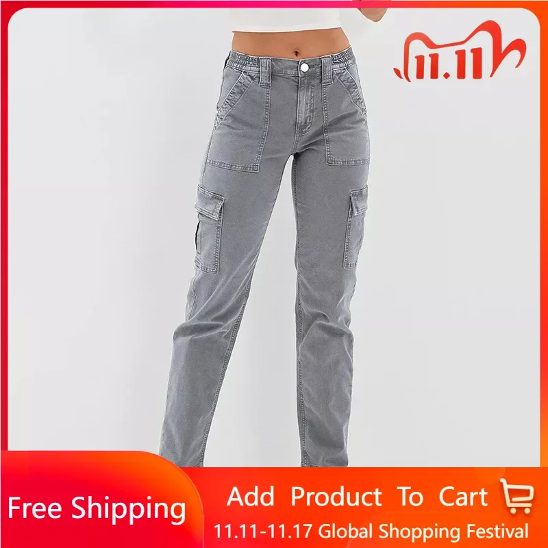 

Женские повседневные Прямые брюки-карго, эластичные удобные хлопковые серые брюки со средней посадкой