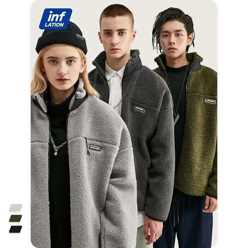 

INFLATION Vintage Lamb Jacket Men Winter Thick Fleece Jacket Coat Couple Warm Outwear Stand Collar Casual Loose Jacket Men