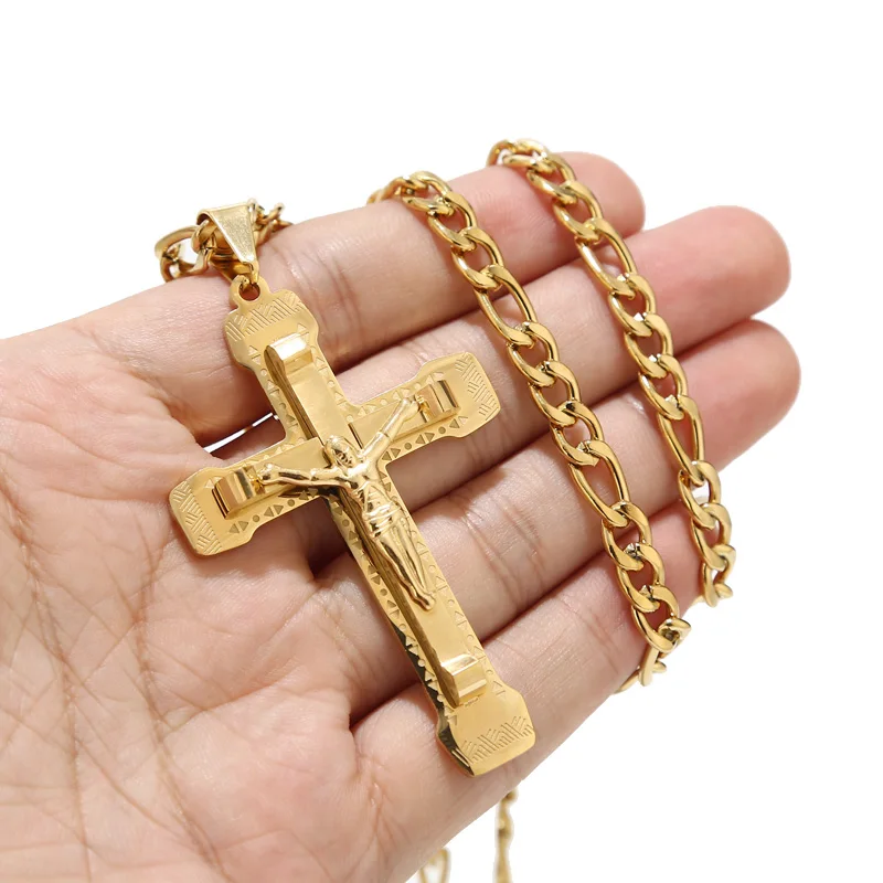 

24'' Stainless Steel Gold Plated 65*41mm Cross Necklaces Saint Catholic Benedict Crucifix San Jesus Necklace 3:1 Figaro Chains