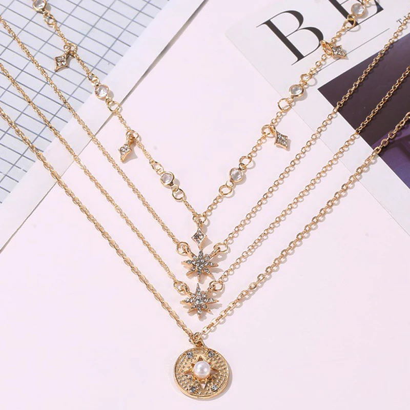 Многослойная Женская цепочка с подвеской ожерелье кулоном в виде космоса звезды