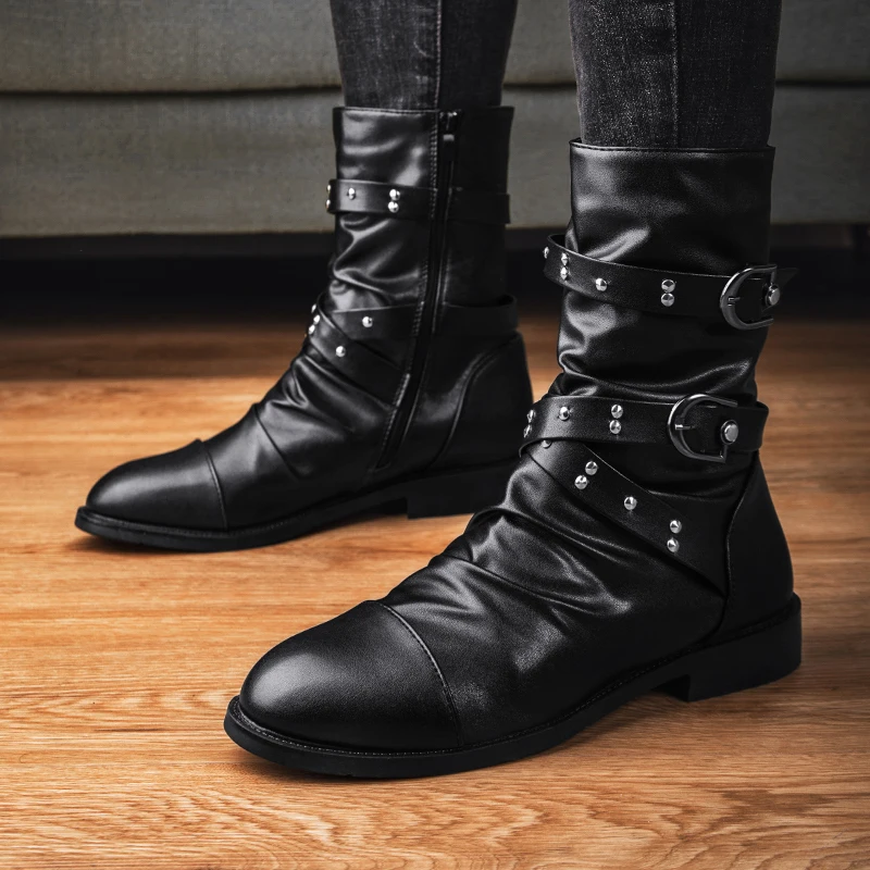 

Men Knight Cowboy Motorcycle Boots Mid-Calf Belt Buckle Casual Fashion Performance Boots Black Street Trend Western Tooling Shoe