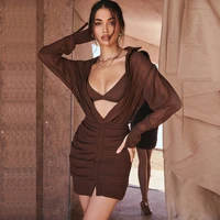 brown dress summer chiffon solid color temperament bodycon mini short dresses pleated patchwork 2022 new casual clothes 2 piece