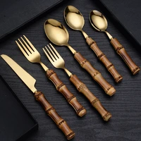 gold table cutlery stainless steel knife fork spoon dinnerware set tableware bamboo handle set luxury kitchen device sets gift