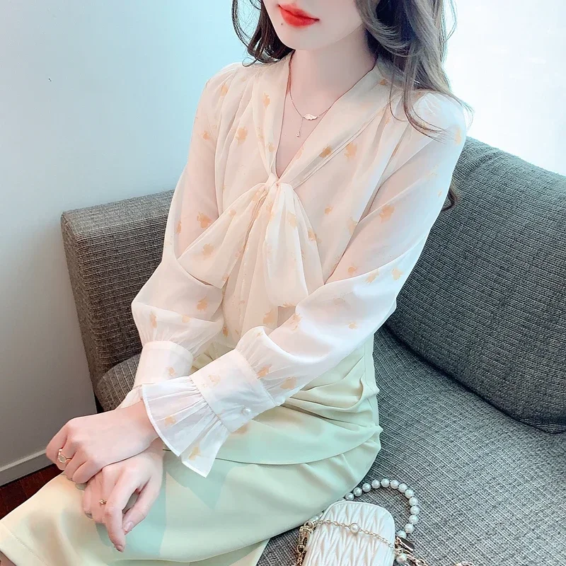 Новая женская рубашка с длинным рукавом и принтом шифоновая на шнуровке