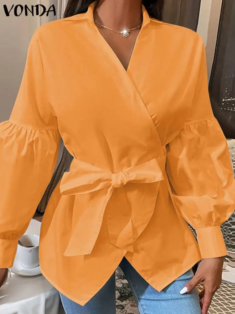 

2023 VONDA Autumn Blouse Women Solid Color Fashion Tops Lapel Party Shirts Belted Long Sleeve Casual Elegant OL Blusas Femininas