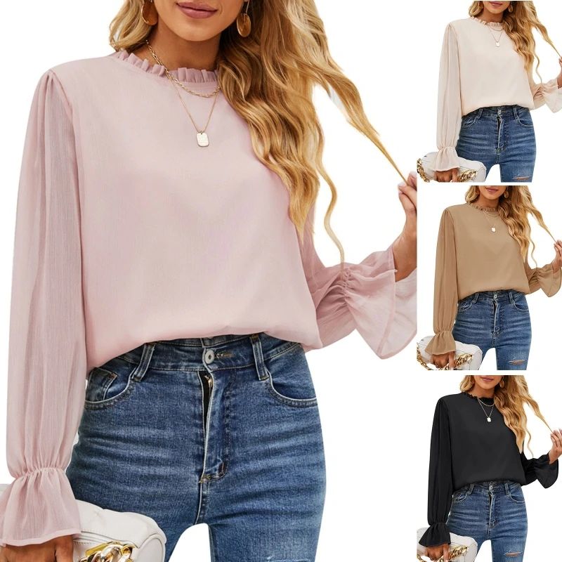 

Women Long Puff Sleeve Frill Ruffle Crewneck Blouse Double Layer Liner Solid Color Chiffon Shirts Loose Pullover Top
