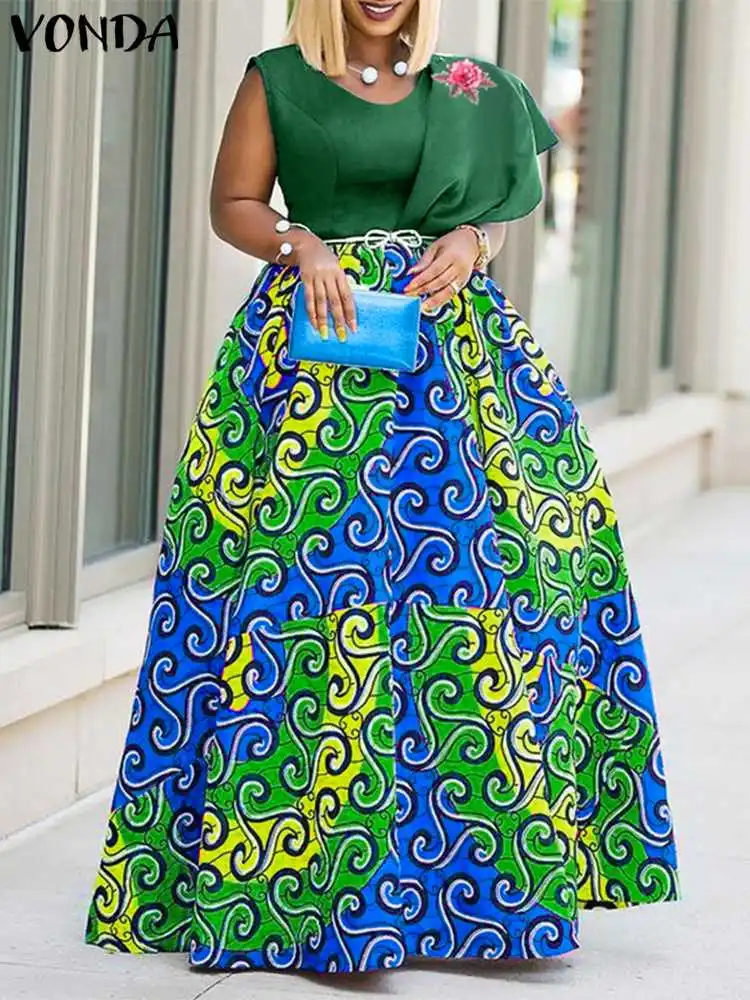 

VONDA Y2K Summer Women Sleeveless Casual Patchwork Long Vestidos Pearted Party Sundress Bohemian Robe Floral Printed Maxi Dress
