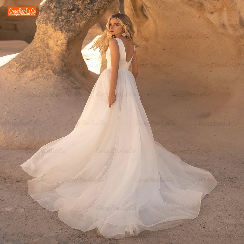 

Simple Beach Wedding Dresses 2022 Tulle Satin A-Line Princess Bridal Dress V Neck Robe De Mariee Custom Made Lady Simple Beach