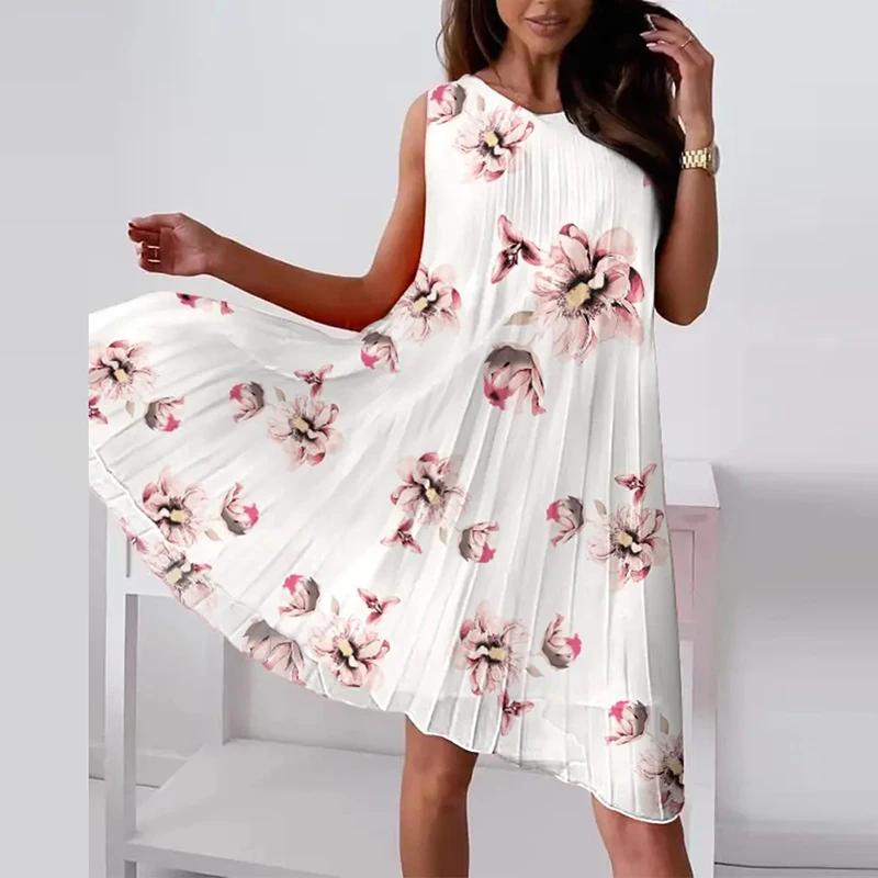 

Fashion Women Printed Party Dress Chic New Female Sleeveless Crew Neck Party Midi Dresses 2022 Summer Pleated A-Line Dresses
