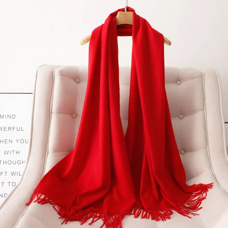 Chinese Red Cashmere Scarf Men and Women All-Matching Knitted Shawl Pure Color Thickened Thermal Long