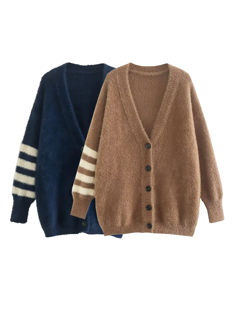 

Женский вязаный кардиган в полоску, свободный свитер с длинным рукавом, винтажная верхняя одежда, шикарные топы, новинка 2022