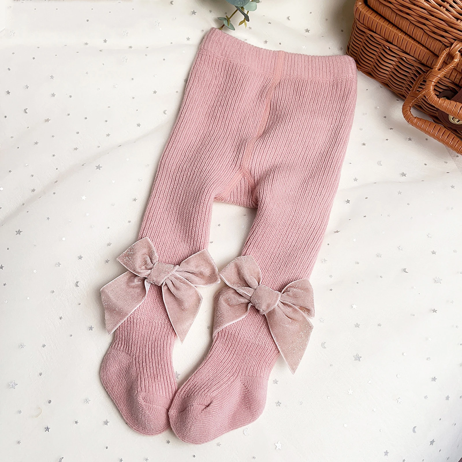

Baby Girls Fleece Thick Tights with Bows Infant Toddler Cable Knit Leggings Little Girls Seamless Footed Stockings
