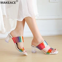 summer women slippers sexy color open toed shoes fashion middle heel outdoor formal womens shoes 43 large size slides for women