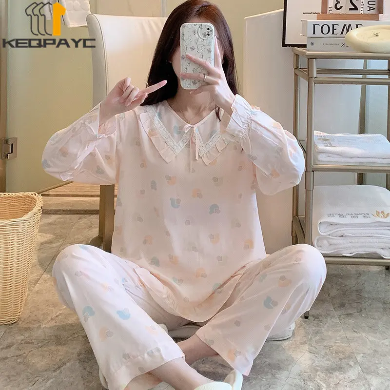 Women's Pajamas New 2023 Spring Autumn Long Sleeve Thin Sleepwear Pyjamas Women Sweet Cartoon Casual Nightwear Clothing Sets