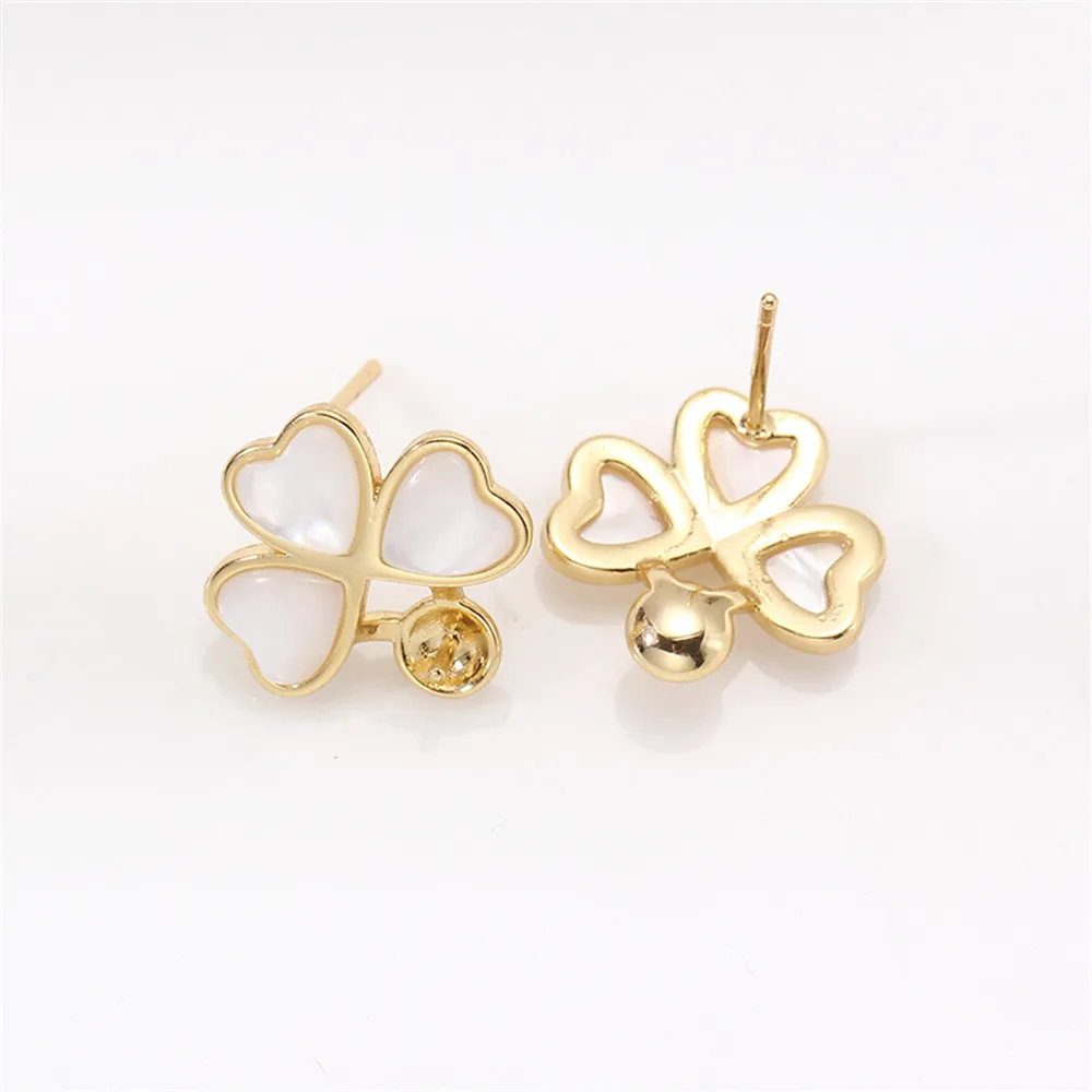 

14K gold color four-leaf clover shell pearl ear earrings S925 silver needle DIY accessories accessories