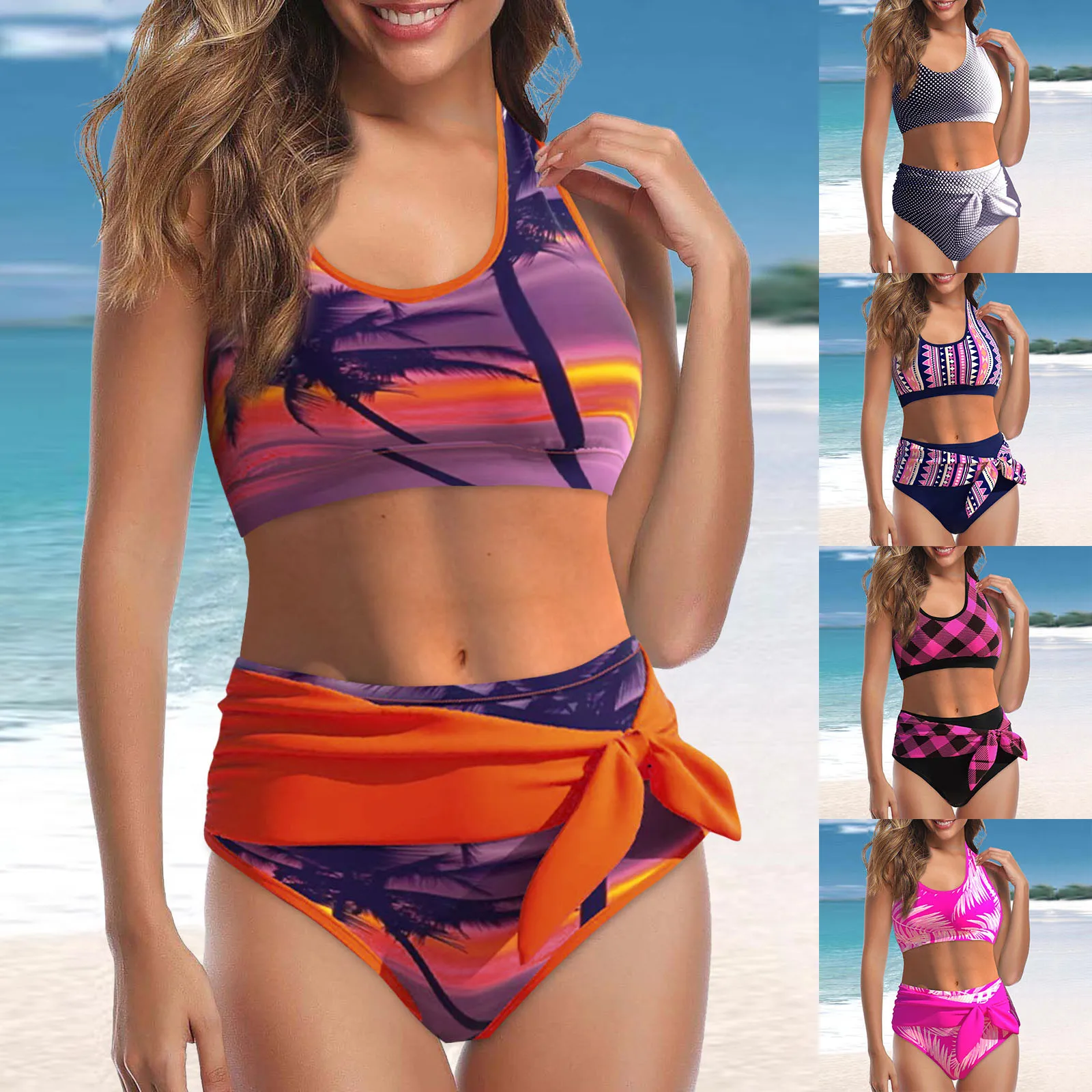 

Women Vintage Print Strappy Back Tankini Set Bowknot Two Piece Swimwear Panty Bathing Suit Beachwear