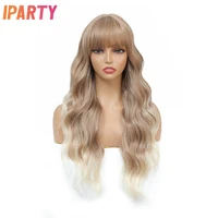 iparty 26 inches synthetic machine ombre high light long wavy wigs with bangs for women heat resistant fibers daily cosplay