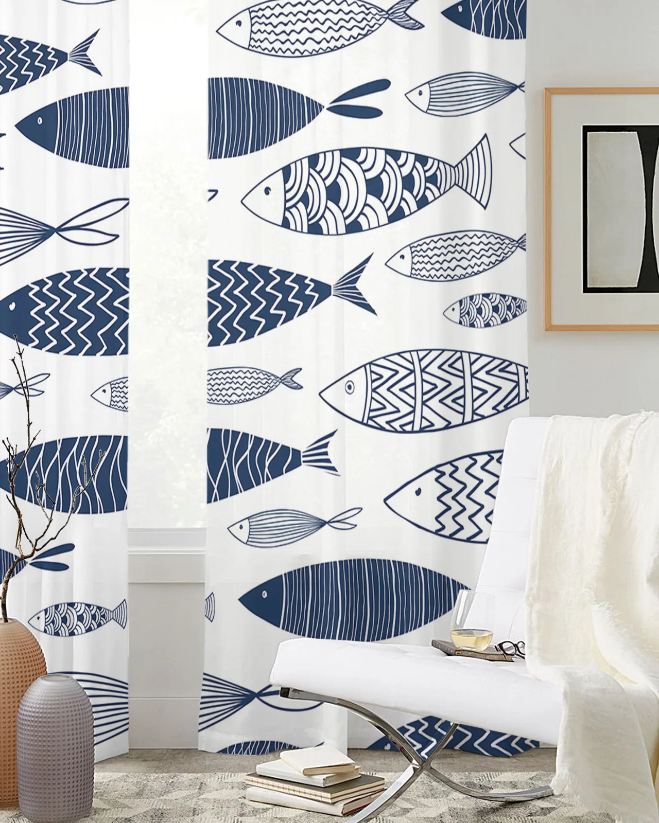 Японские тюлевые шторы в полоску с рисунком рыбы каракули занавески для гостиной